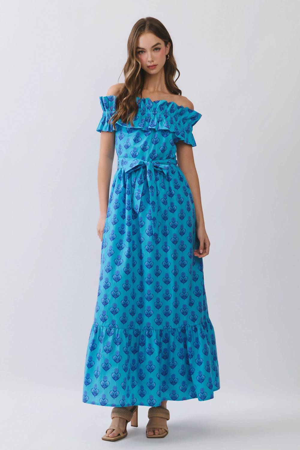 Tcec - Floral Print Off Shoulder Ruffle Maxi Dress