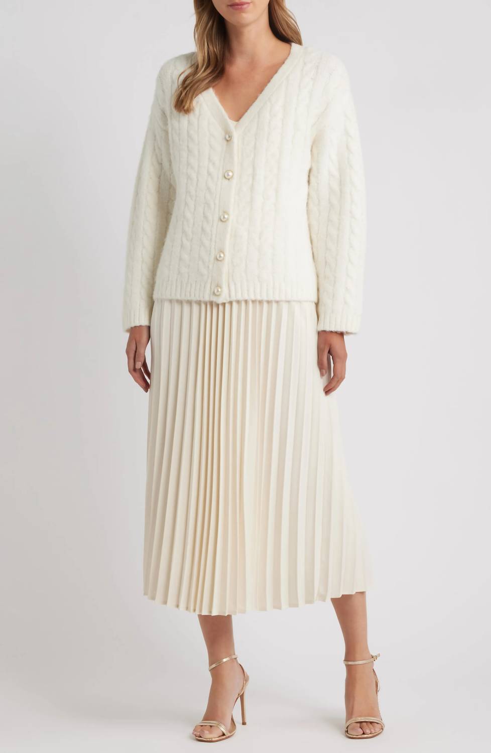 Zoe And Claire - Pleated Slipdress And Cardigan Set