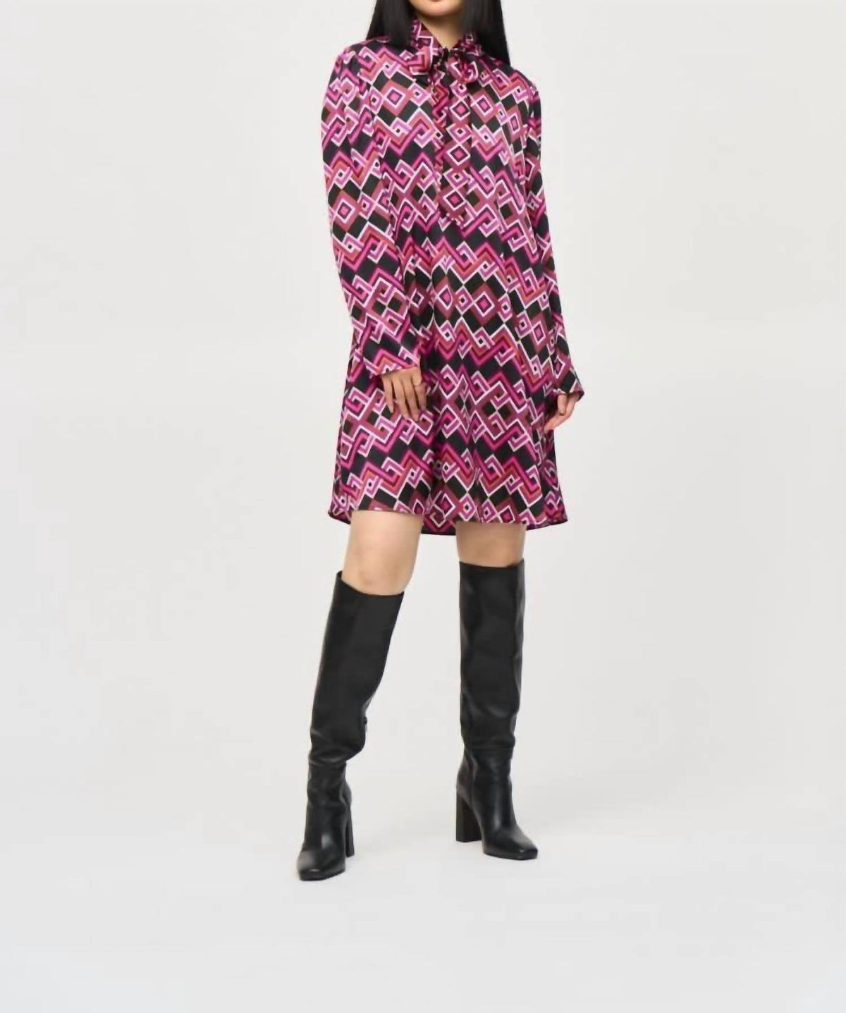 Joseph Ribkoff - Geometric Pussy Bow Satin Shift Dress