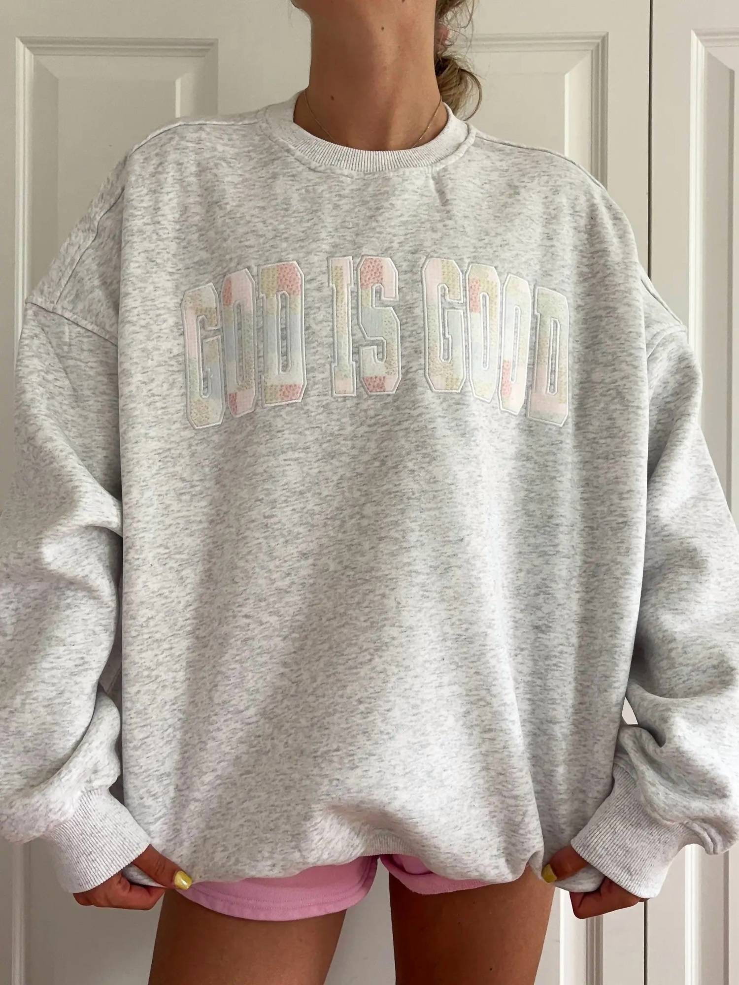 Sunkissed Coconut - God Is Good Quilted Pastel Embroidered Sweatshirt