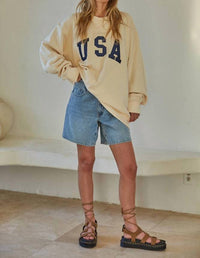 By Together - Cotton French Terry Crew Neck Usa Pullover Top