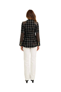 LOVE TOKEN Window Pane Vegan Leather Trim Blazer in multi - women's jacket - detail view