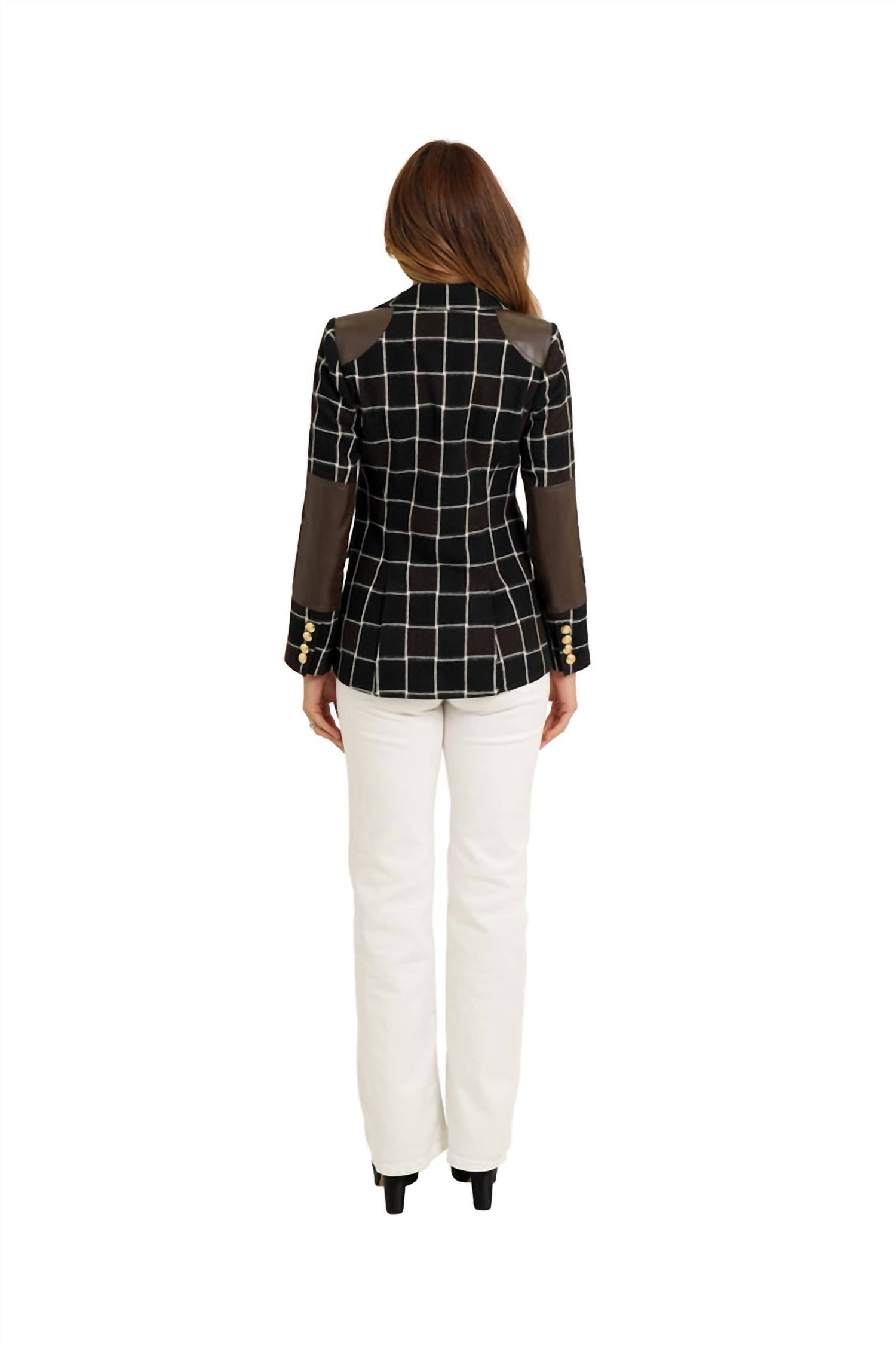 LOVE TOKEN Window Pane Vegan Leather Trim Blazer in multi - women's jacket - detail view