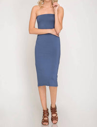 She + Sky - Strapless Basic Tube Midi Dress With Back Slit