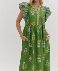 Entro - Split Neck Floral Framed Midi Dress