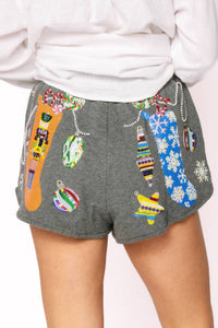 QUEEN OF SPARKLES Hanging Christmas Stocking Shorts in charcoal multi - women's shorts - detail view