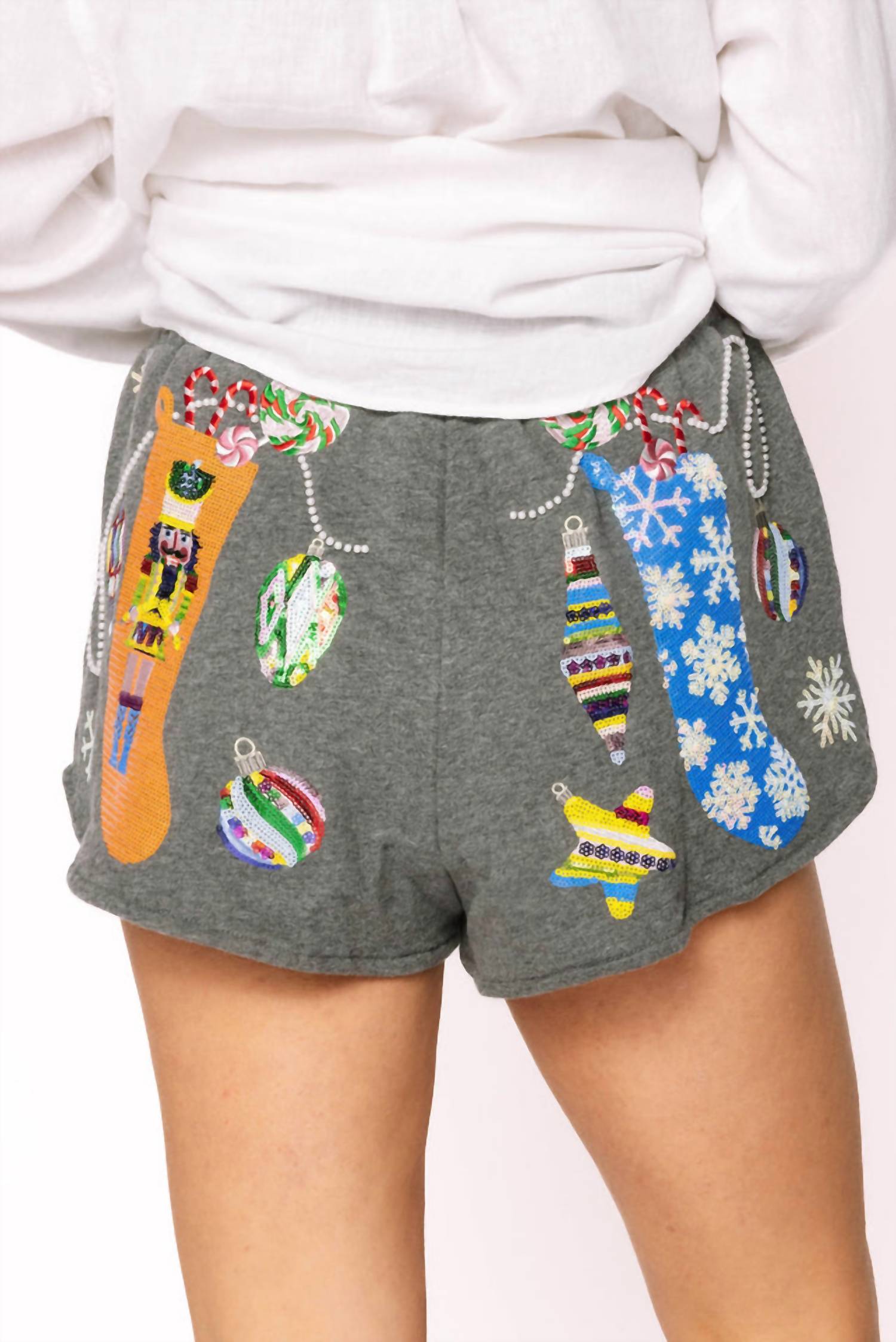 QUEEN OF SPARKLES Hanging Christmas Stocking Shorts in charcoal multi - women's shorts - detail view
