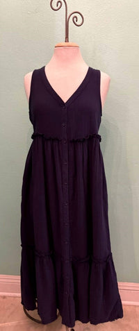 mododoc Women's Button Front Tier Midi Tank Dress in vibrant navy - women's dress - detail view