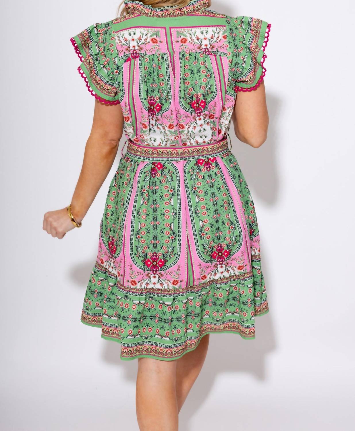 umgee Mixed Print Ruffle Sleeve Dress in multi - women's dress - detail view