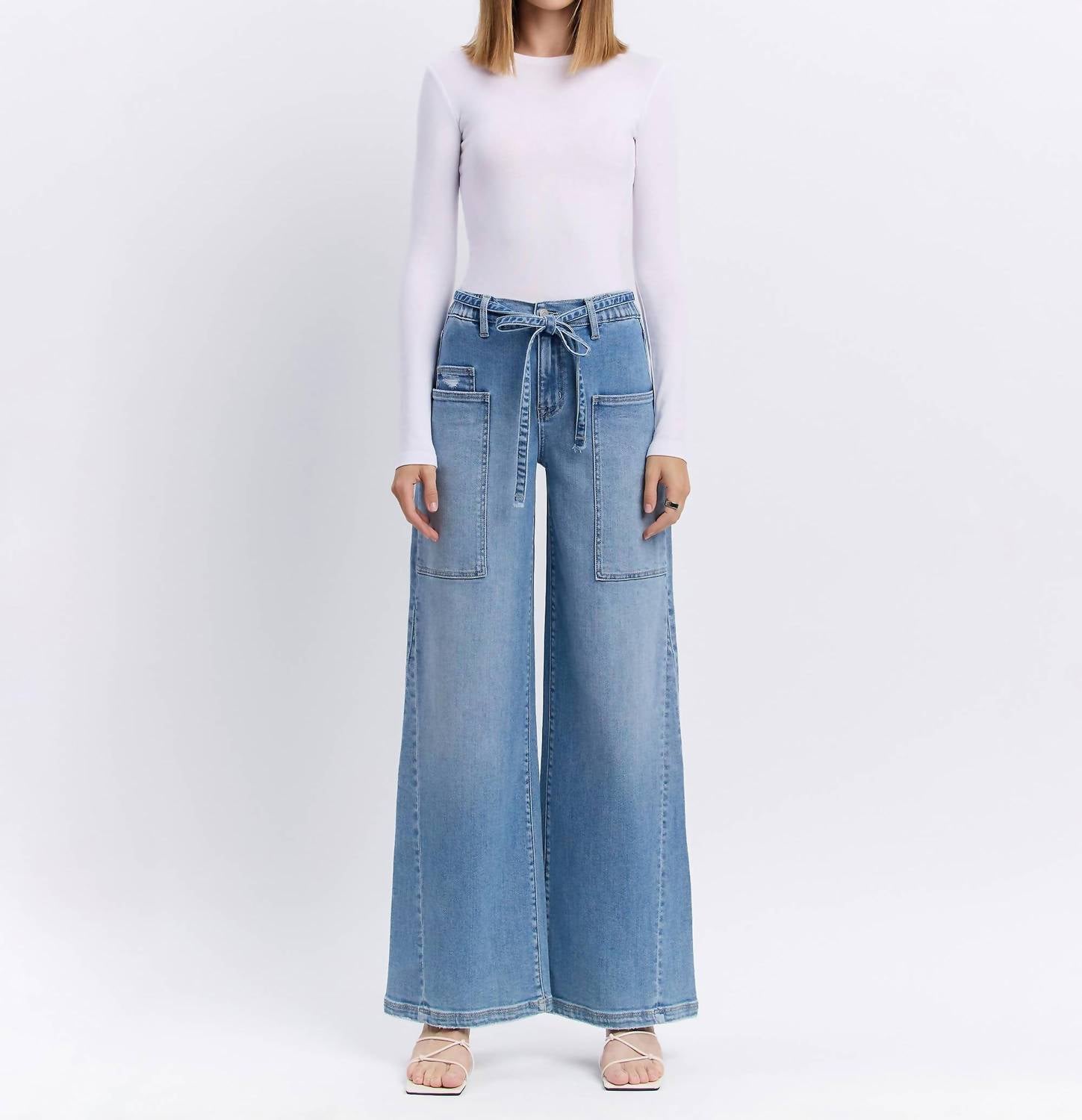 Flying Monkey - Carmen High Rise Elastic Tie Waistband Baggy Wide Jeans