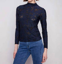 CHARLIE B Long Sleeve Burnout Mesh Mock Neck Top in blue - women's blouse - alternate view