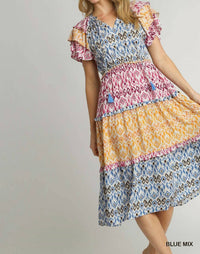 Umgee - Mixed Aztec Print With Tassel Front Tie & Ruffle Sleeves Midi Dress