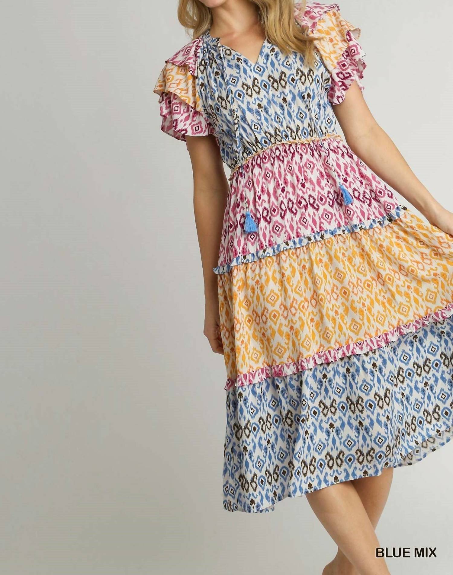 Umgee - Mixed Aztec Print With Tassel Front Tie & Ruffle Sleeves Midi Dress