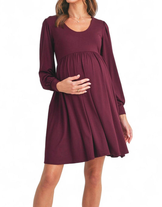 Hello Miz - U Neck Puff Sleeve Maternity Dress with Pocket