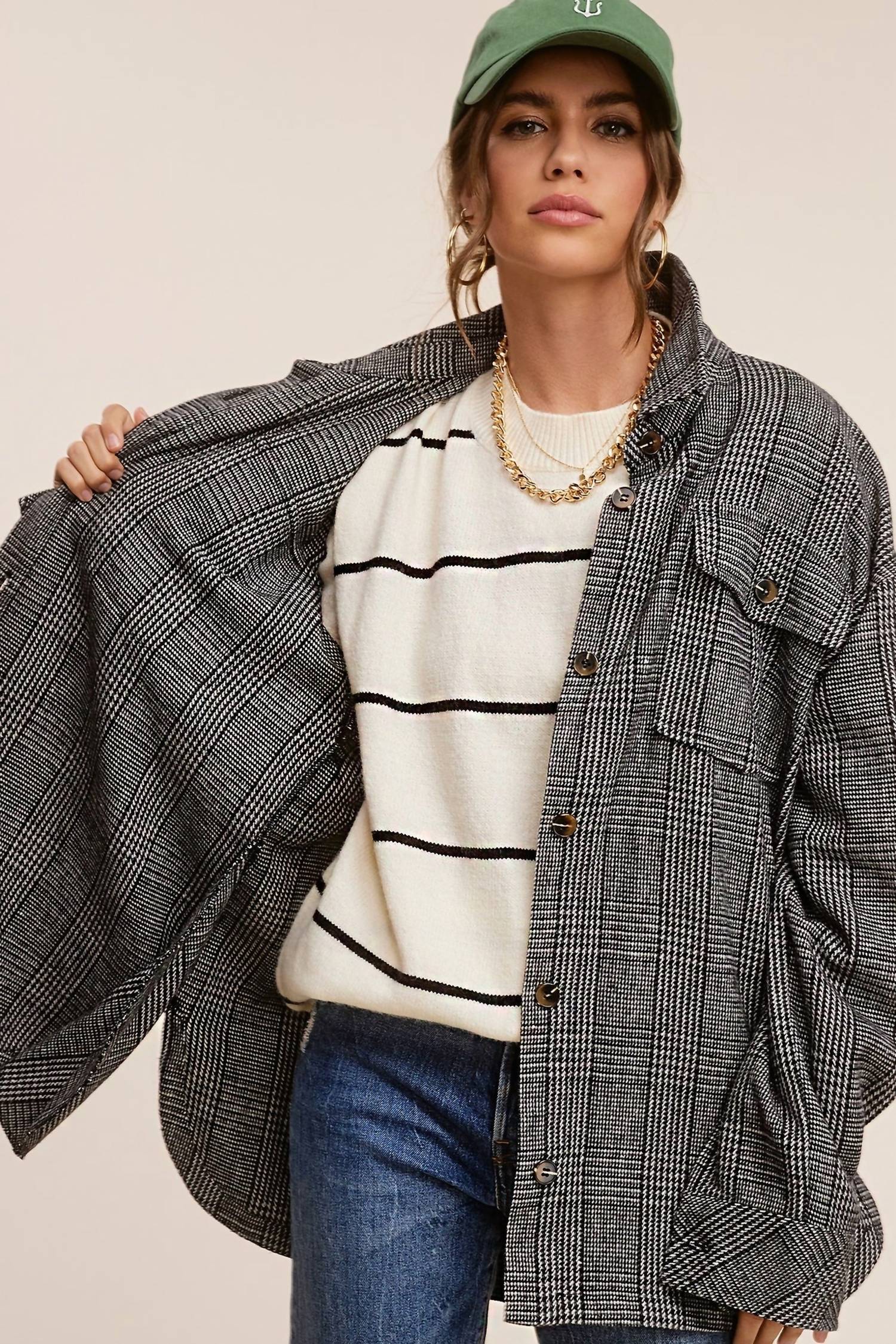 La Miel - Classic Button Down Plaid Jacket with Side Pockets
