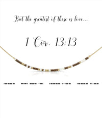 Dot & Dash Design Women's 1 Corinthians 13:13 Morse Code Necklace in luster iridescent pearl metallic antique brass - women's jewelry - detail view