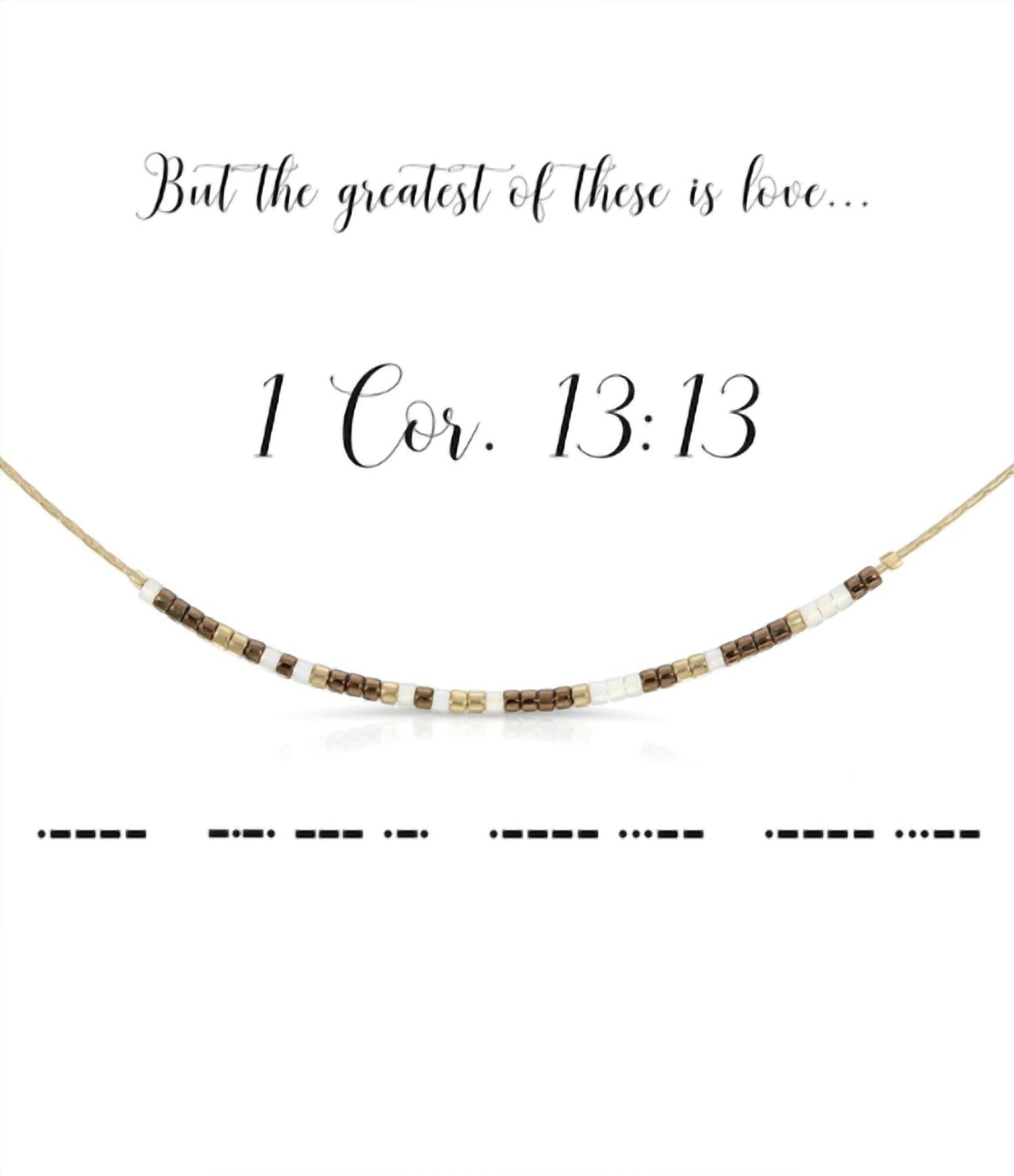 Dot & Dash Design Women's 1 Corinthians 13:13 Morse Code Necklace in luster iridescent pearl metallic antique brass - women's jewelry - detail view