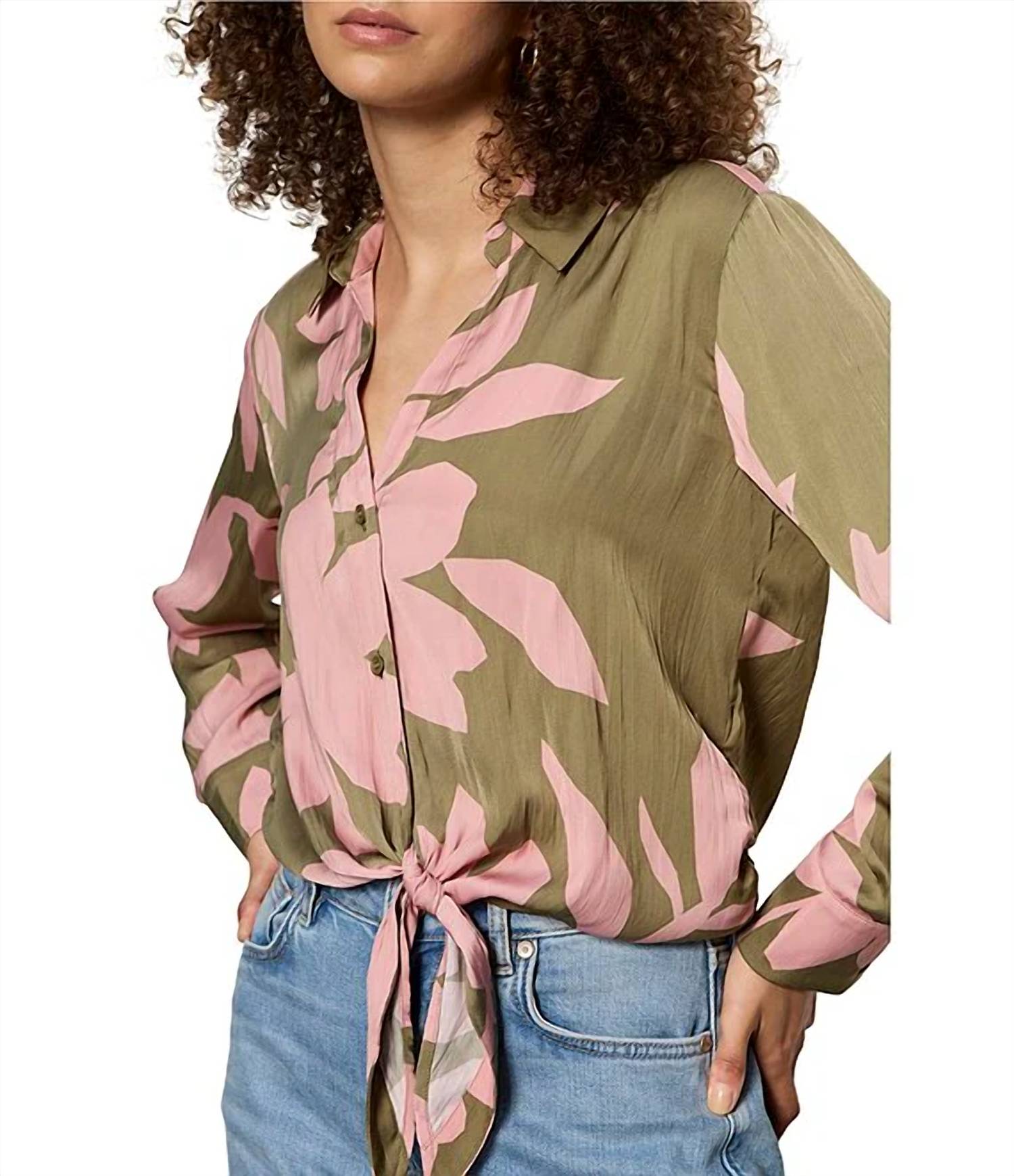 Sanctuary - Lover Tie Floral Printed Spread Collar Long Sleeve Crinkle Sateen Shirt - Plus