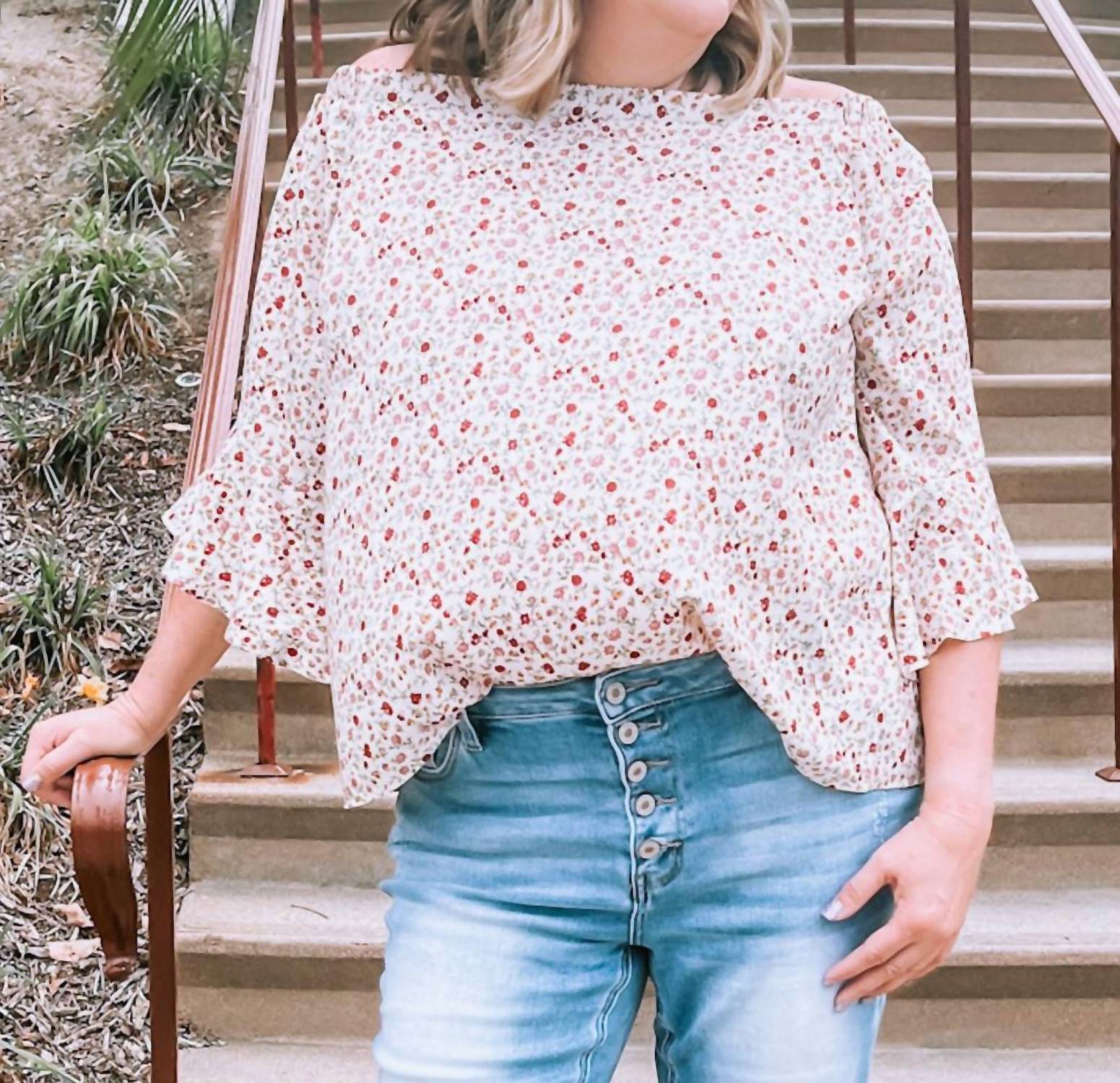 Gilli - Plus Size Floral Off The Shoulder 3/4 Length Sleeve Blouse