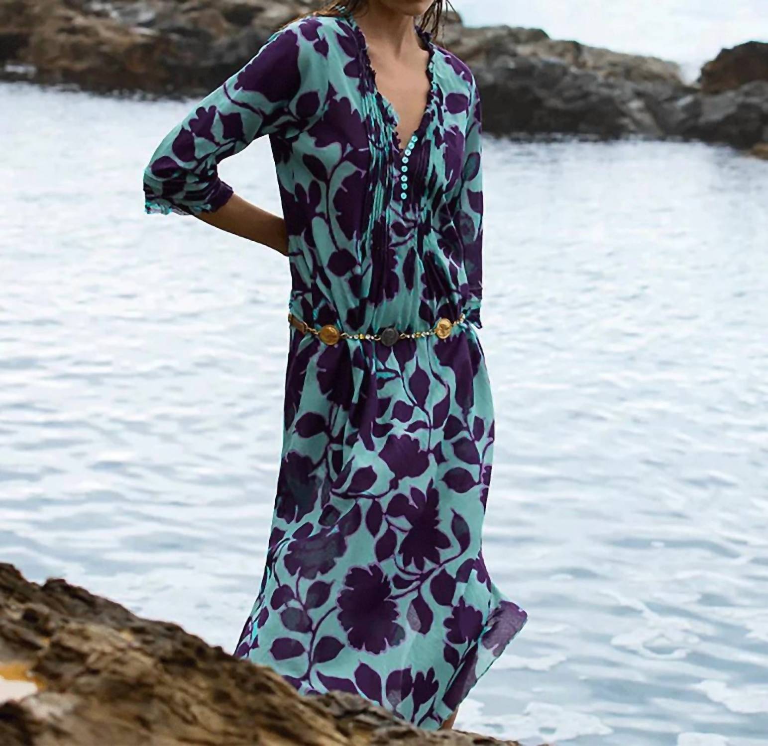 oneseason Porto Vecchio Long Poppy Dress in turquoise - women's dress