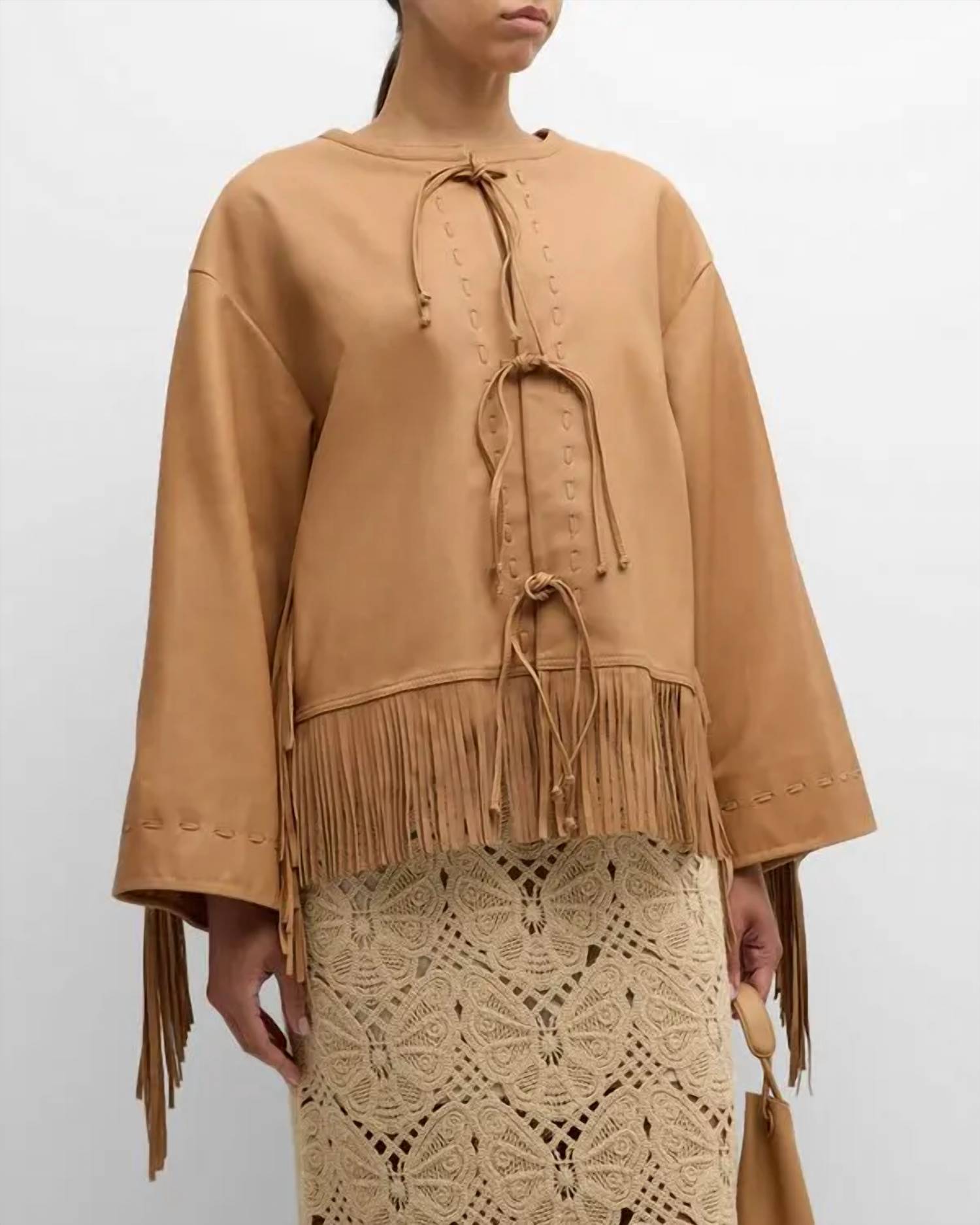 By Malene Birger - Zoena Tie Front Fringe Leather Jacket