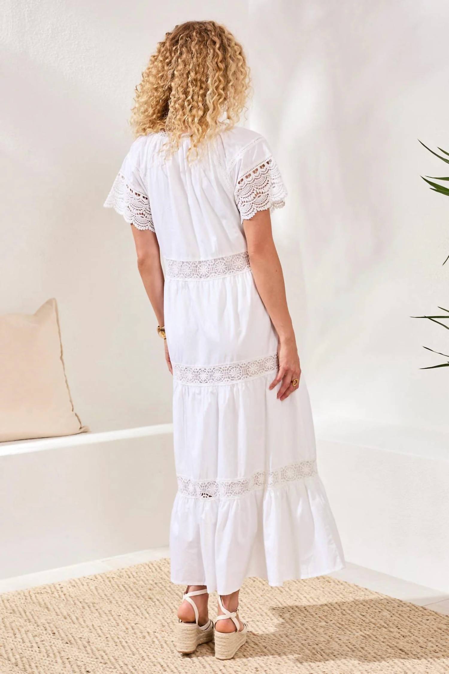 TRIBAL Cotton Poplin Lace-trim Tiered V-neck Maxi Dress in white - women's dress - view 4