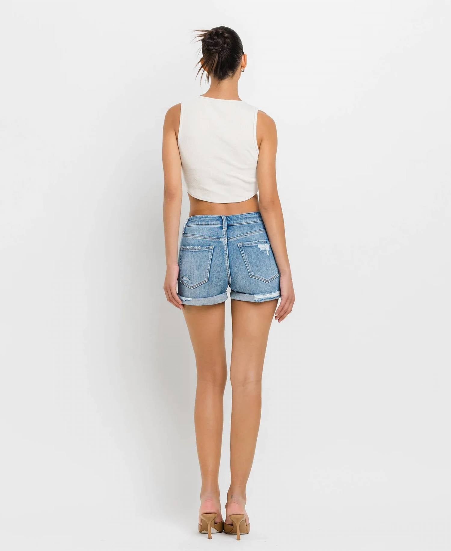 Vervet By Flying Monkey - High Rise Patched Double Cuffed Denim Shorts