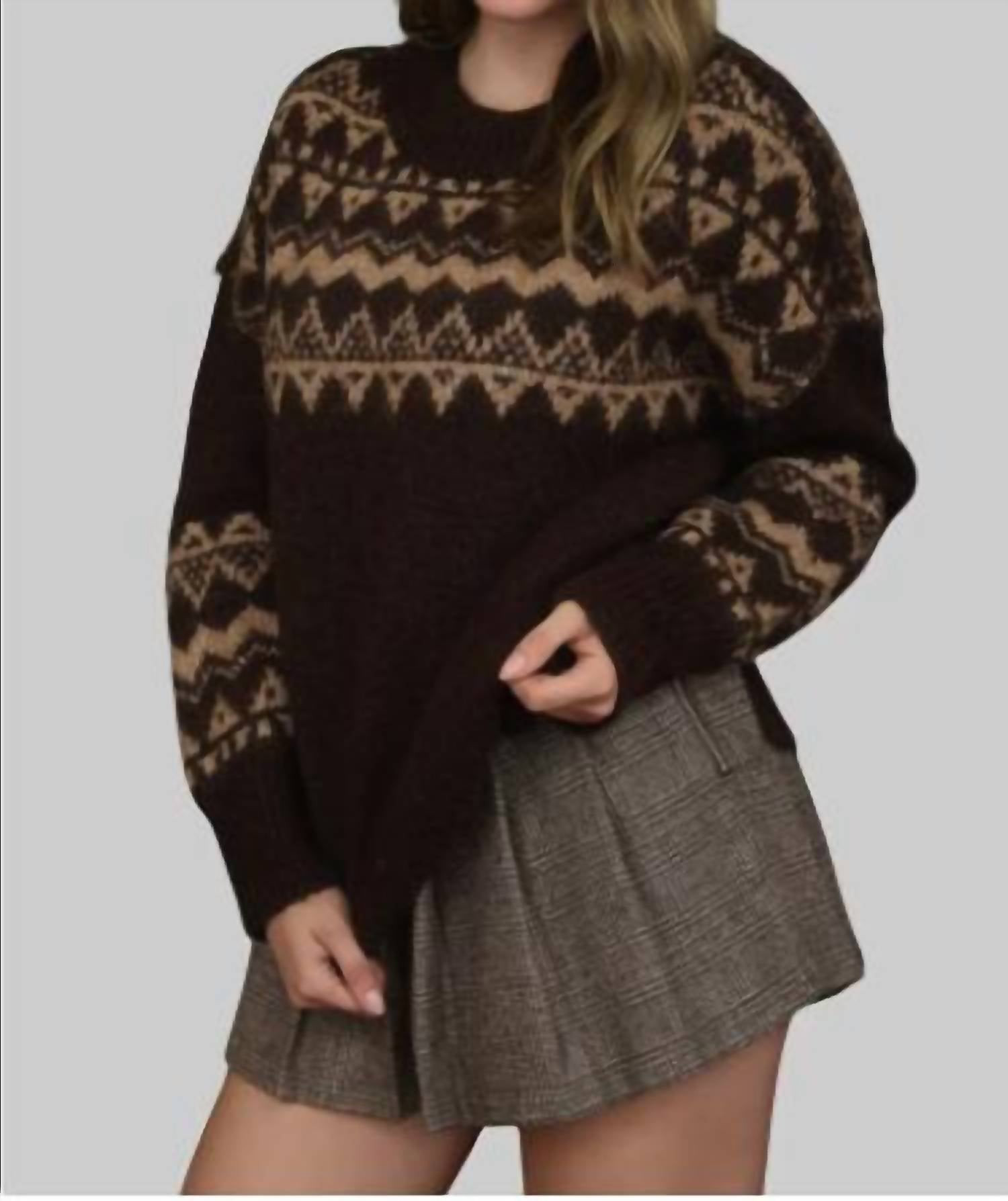 Blu Pepper Fair Isle Crewneck Sweater in dark brown - women's sweater - detail view
