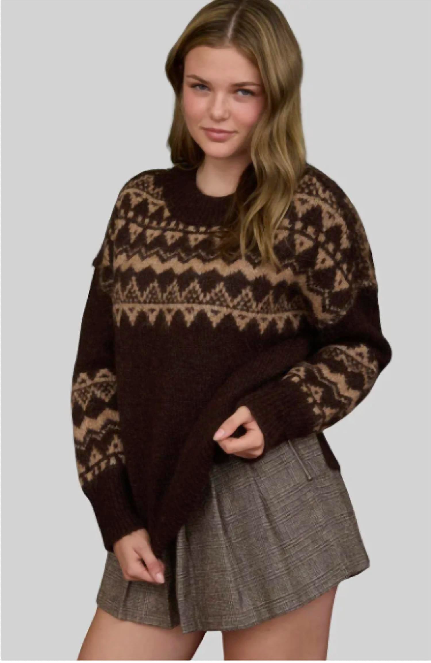 Blu Pepper Fair Isle Crewneck Sweater in dark brown - women's sweater - alternate view