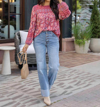 Grace and Lace Straight Mid Wash Cuff Jeans in blue - women's jeans - detail view