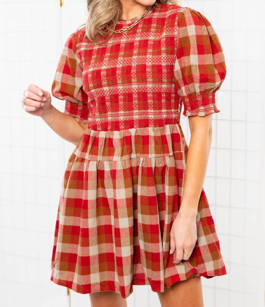 Aureum - Smocked Plaid Red Mini Dress