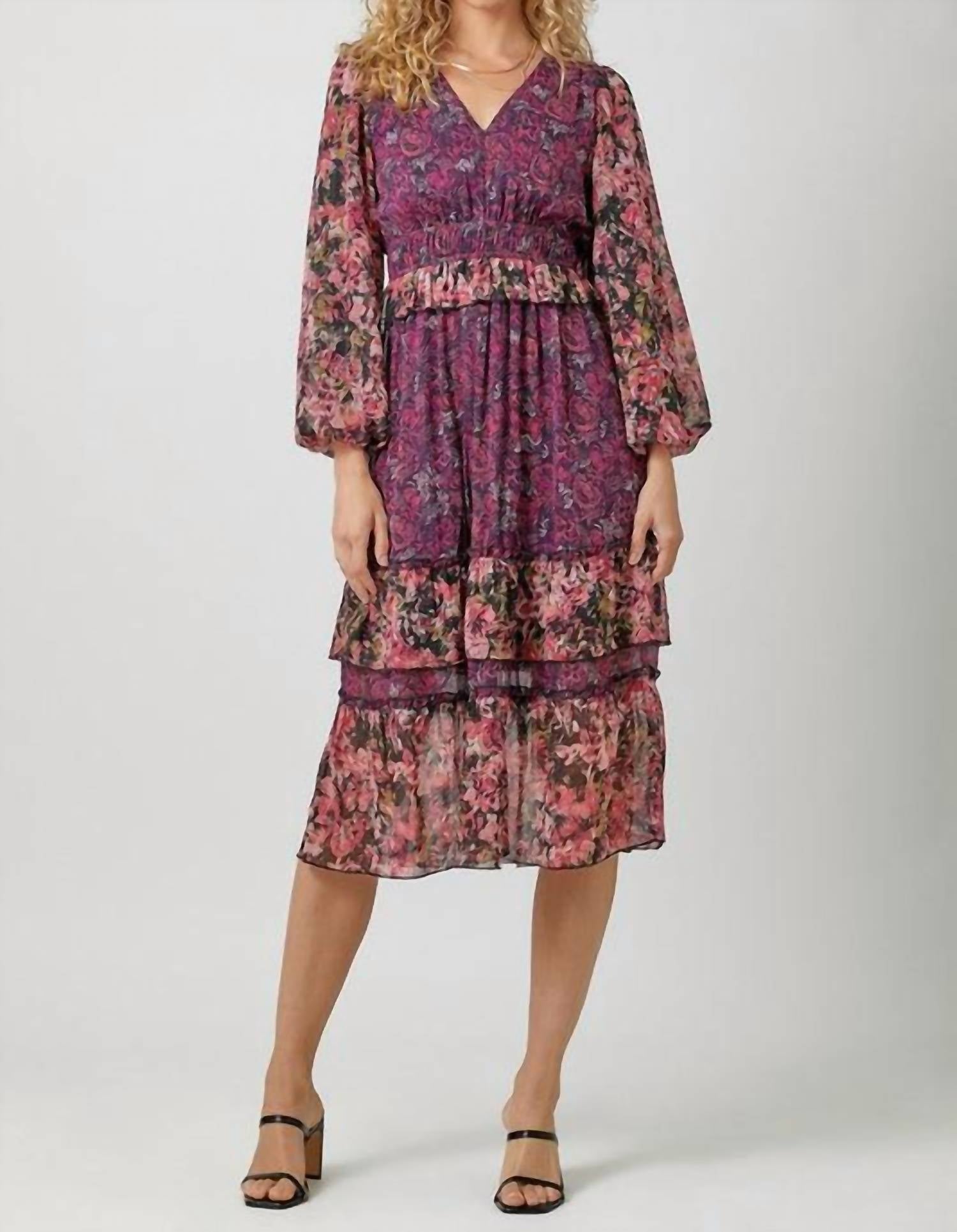 mystree Floral Fix Midi Dress in burgundy - women's dress