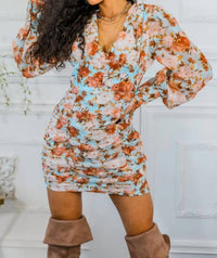 Surelymine - Rain of Flowers Bubble Sleeves Mini Dress