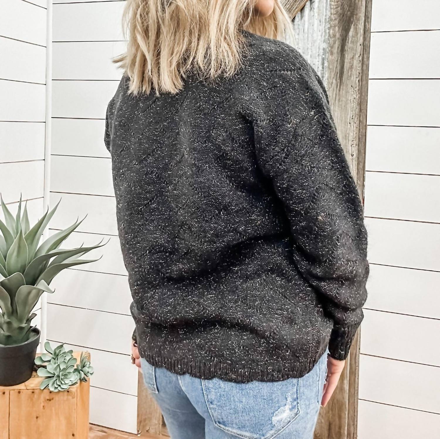 TRIBAL Mock Neck Puff Sleeve High-low Sweater in black - women's sweater