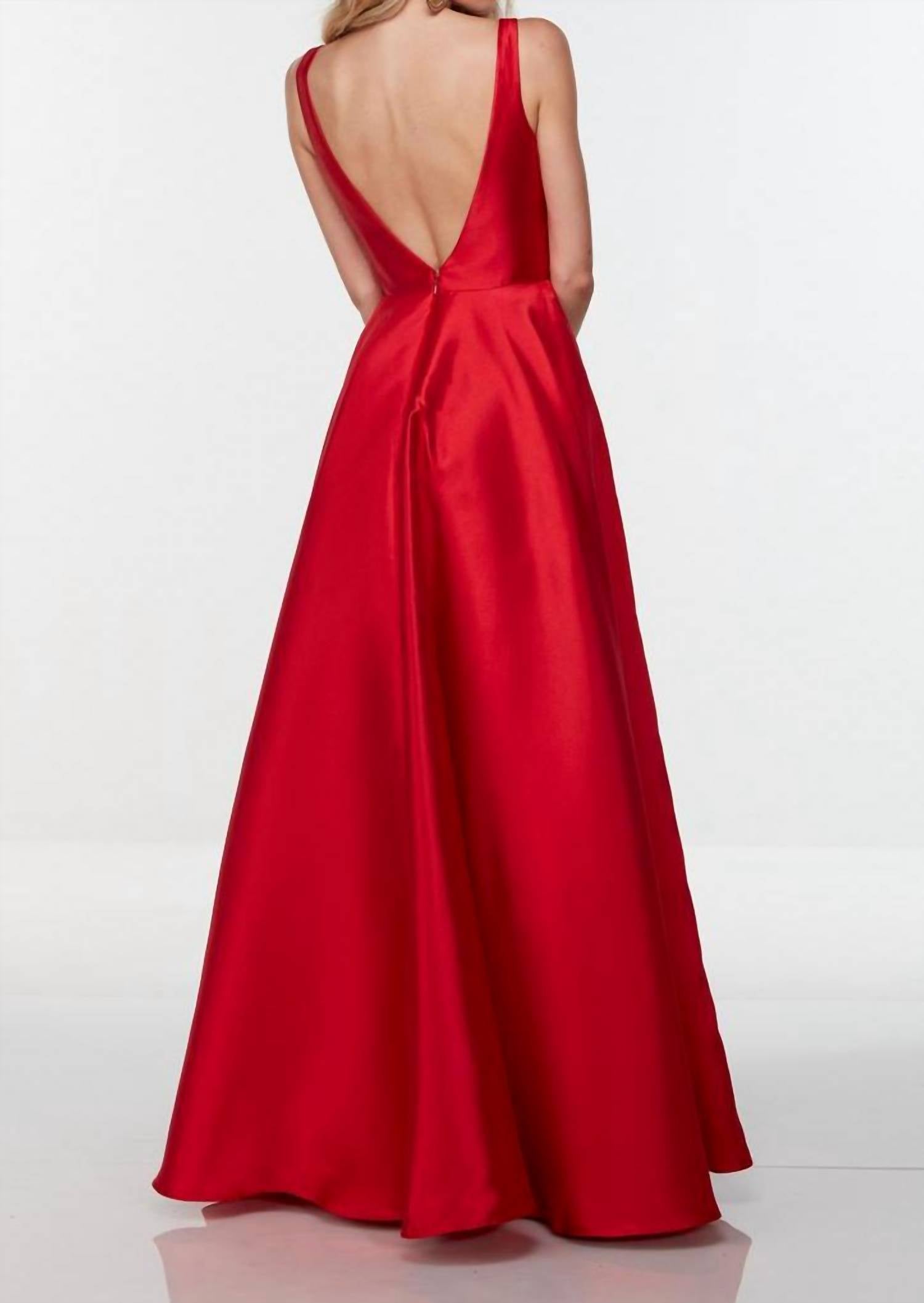 ALYCE PARIS Sleeveless V Neck Mikado Gown in red - women's dress - detail view