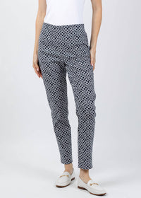 Joseph Ribkoff Geometric Jacquard Pull-on Slim Fit Pants in navy white - women's pants - detail view