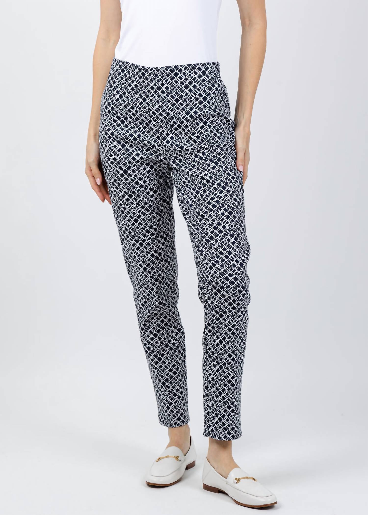 Joseph Ribkoff Geometric Jacquard Pull-on Slim Fit Pants in navy white - women's pants - detail view