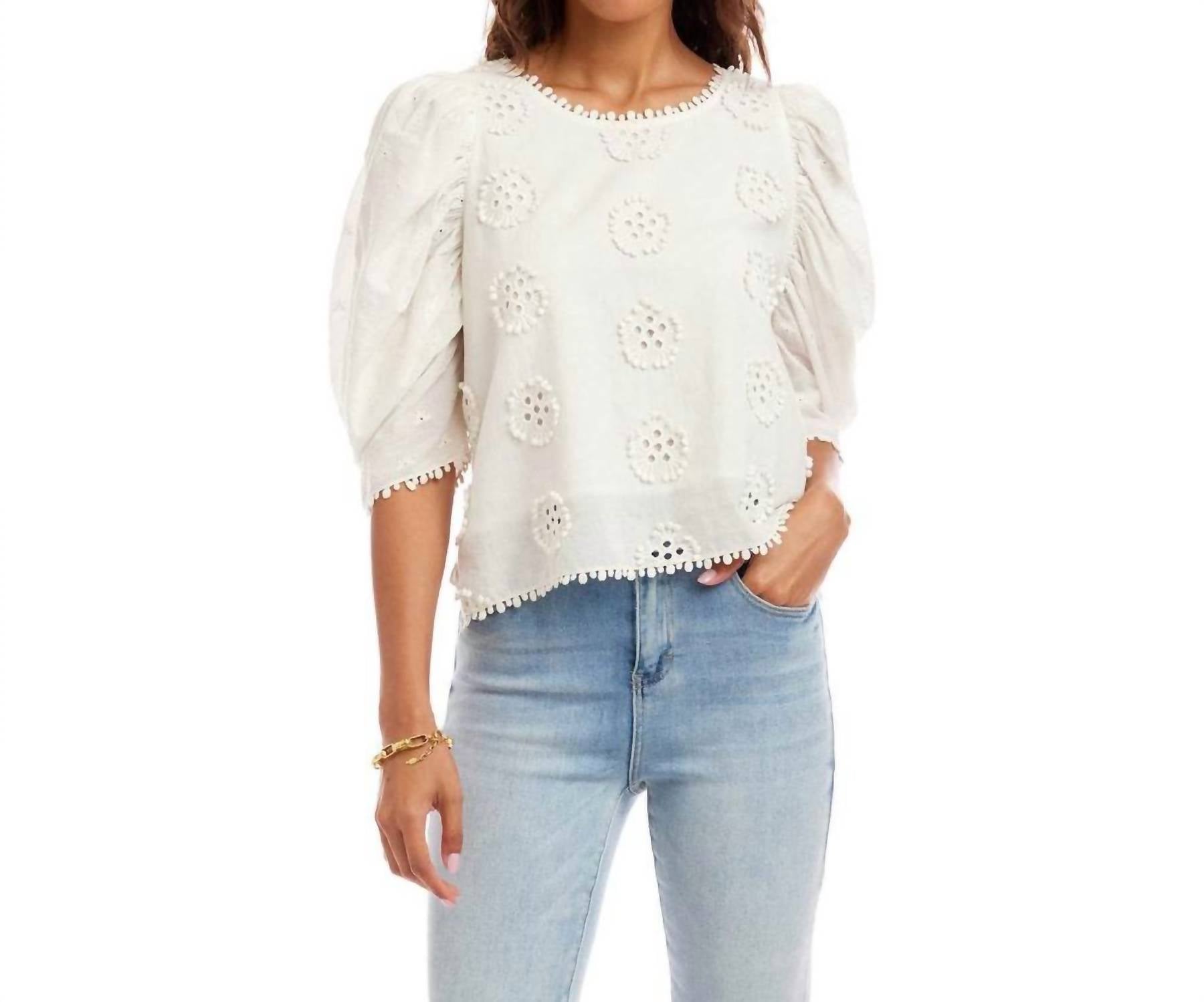 Karen Kane - Puff Sleeve Embroidered Top - Petite