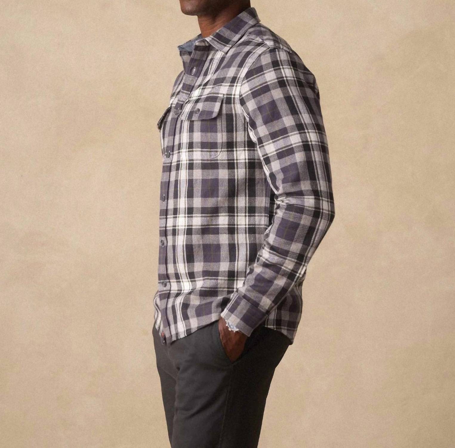 The Normal Brand Mountain Overshirt in grey plaid - men's shirt - detail view