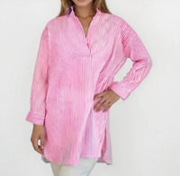 NIBI MTK Prim Collared Top in pink stripe - women's blouse - detail view