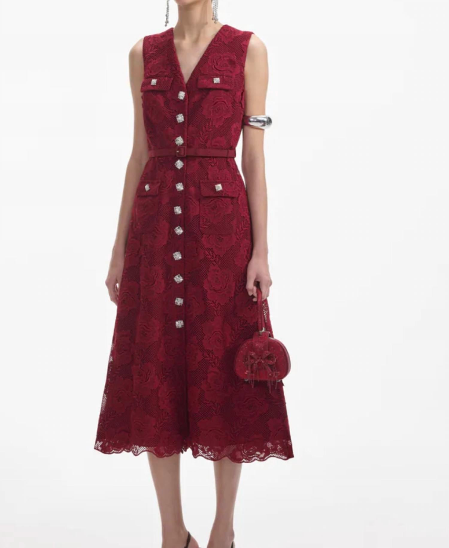 Self-Portrait - Burgundy Lace Midi Dress