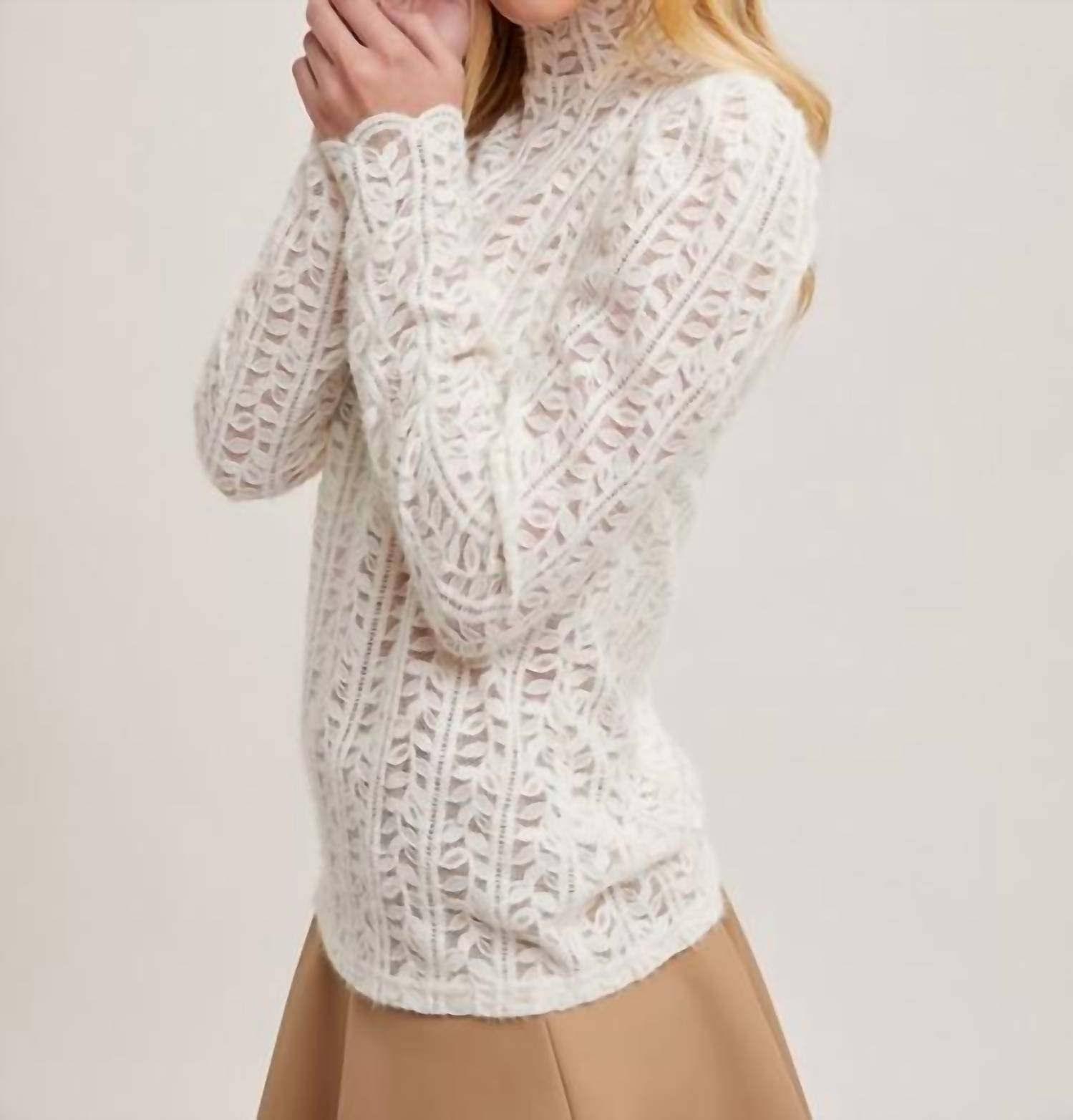Bluivy - Mock Neck Sheer Lace Top - Ivory