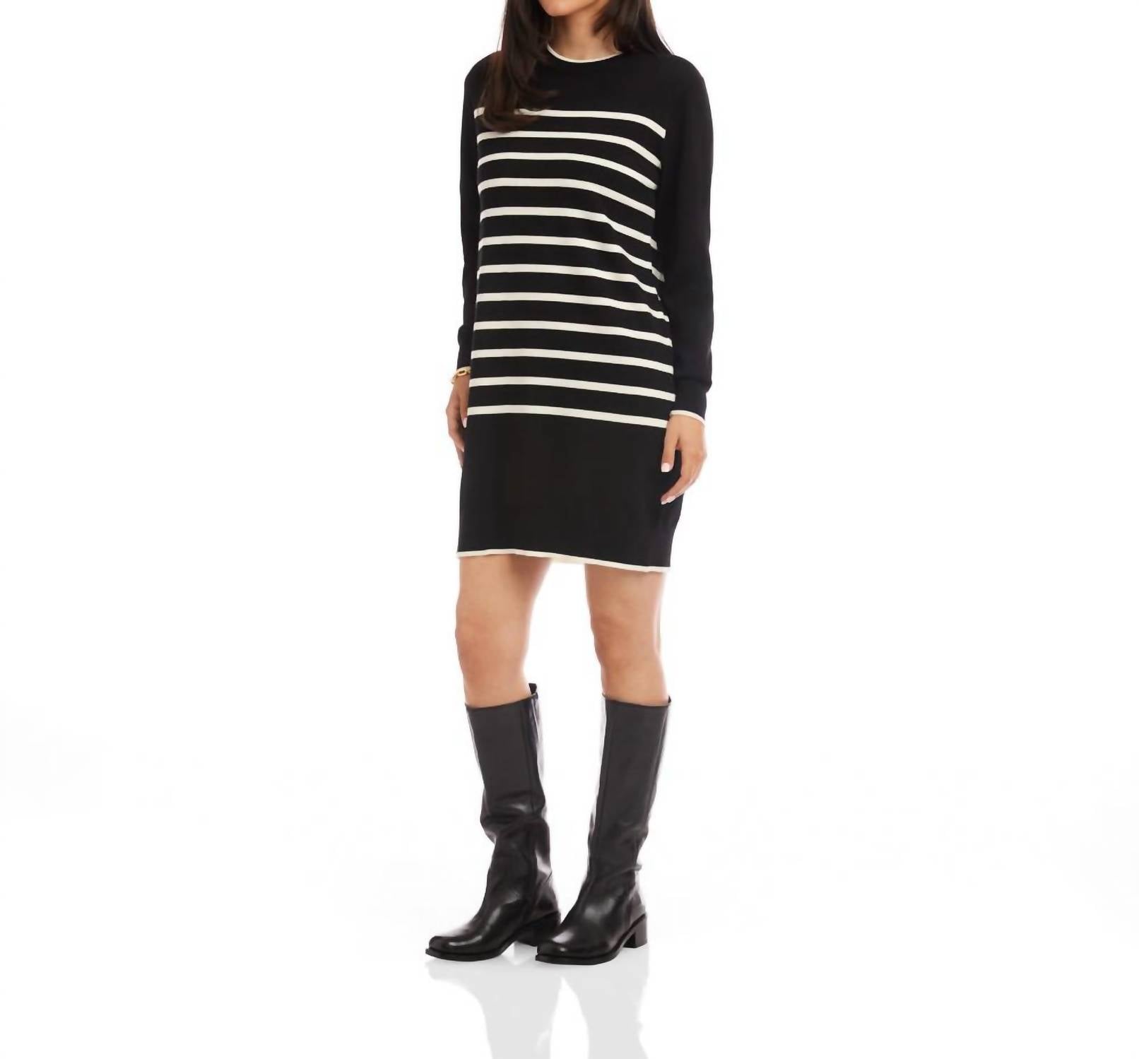 Karen Kane Stripe Sweater Dress in black and cream - women's dress - detail view