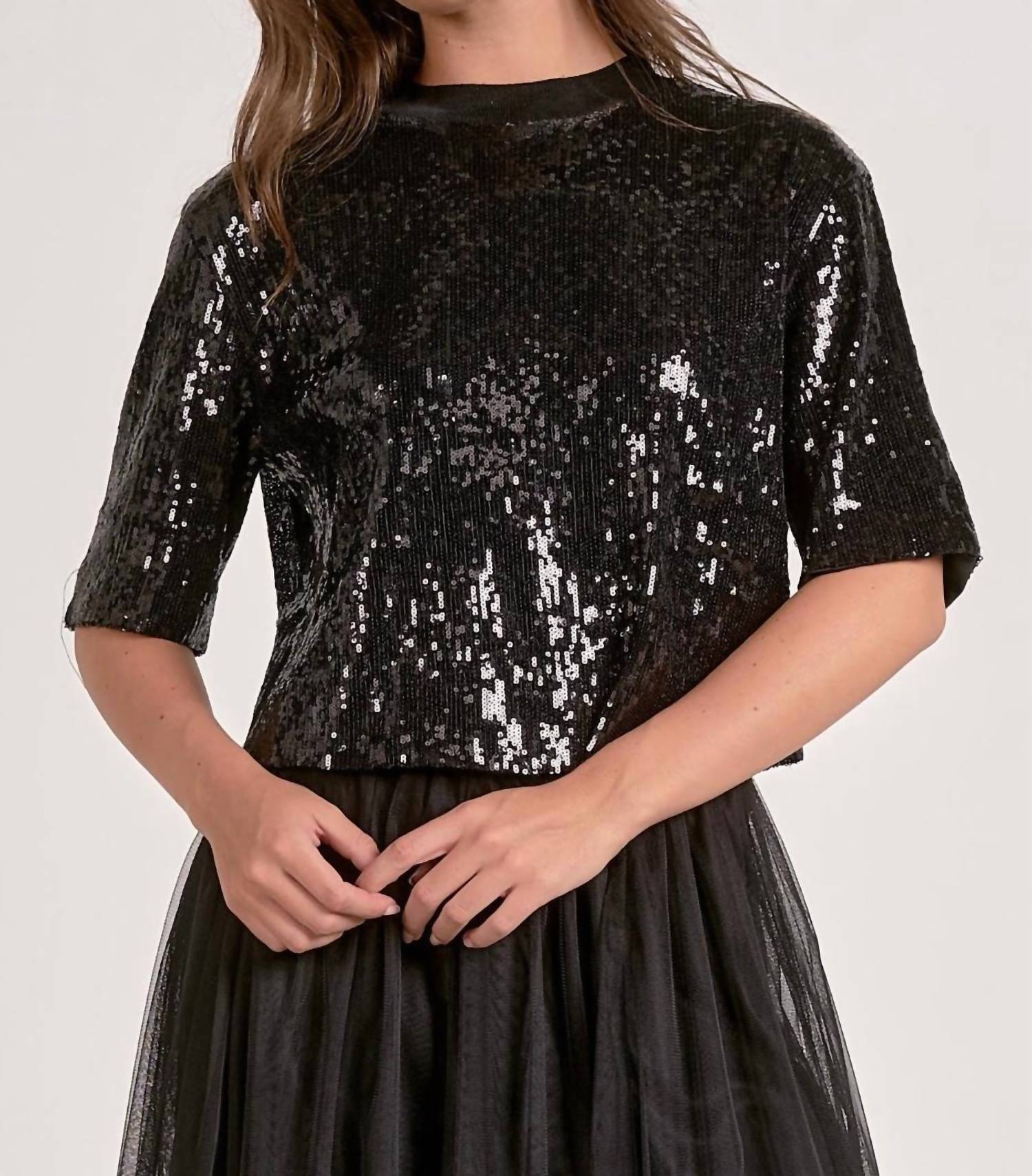 ELAN Delilah Sequin Top in black - women's blouse
