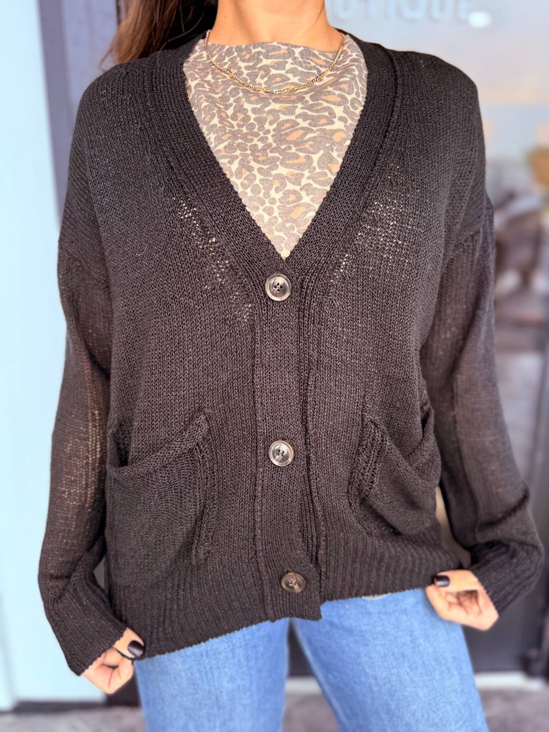 ee:some V-neck Button Down Cardigan in black - women's cardigan