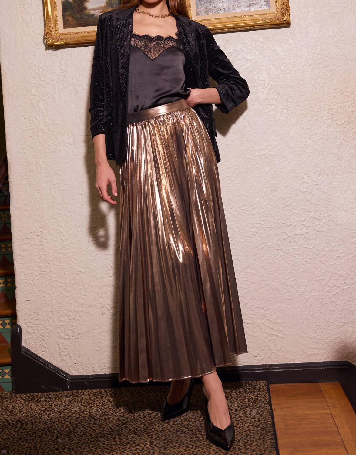Skies Are Blue - Metallic Pleated Maxi Skirt