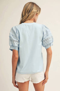 Jodifl - Lace Accent Puff Sleeves Solid Top