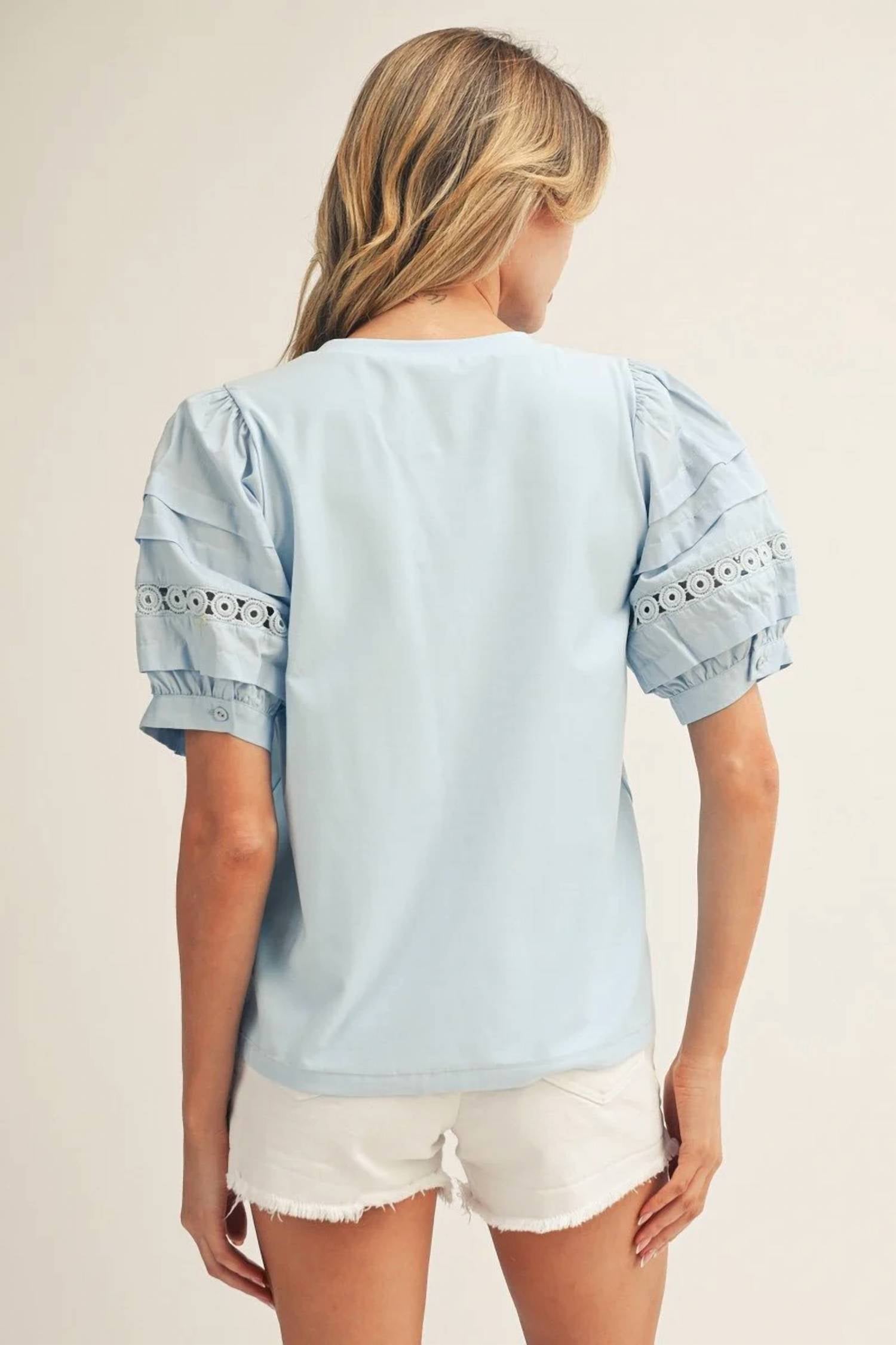 Jodifl - Lace Accent Puff Sleeves Solid Top