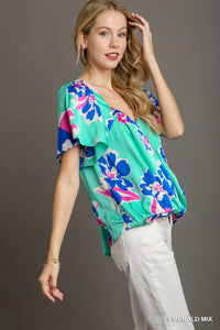 Umgee - Floral Print Surplice Short Sleeve Wrap Top