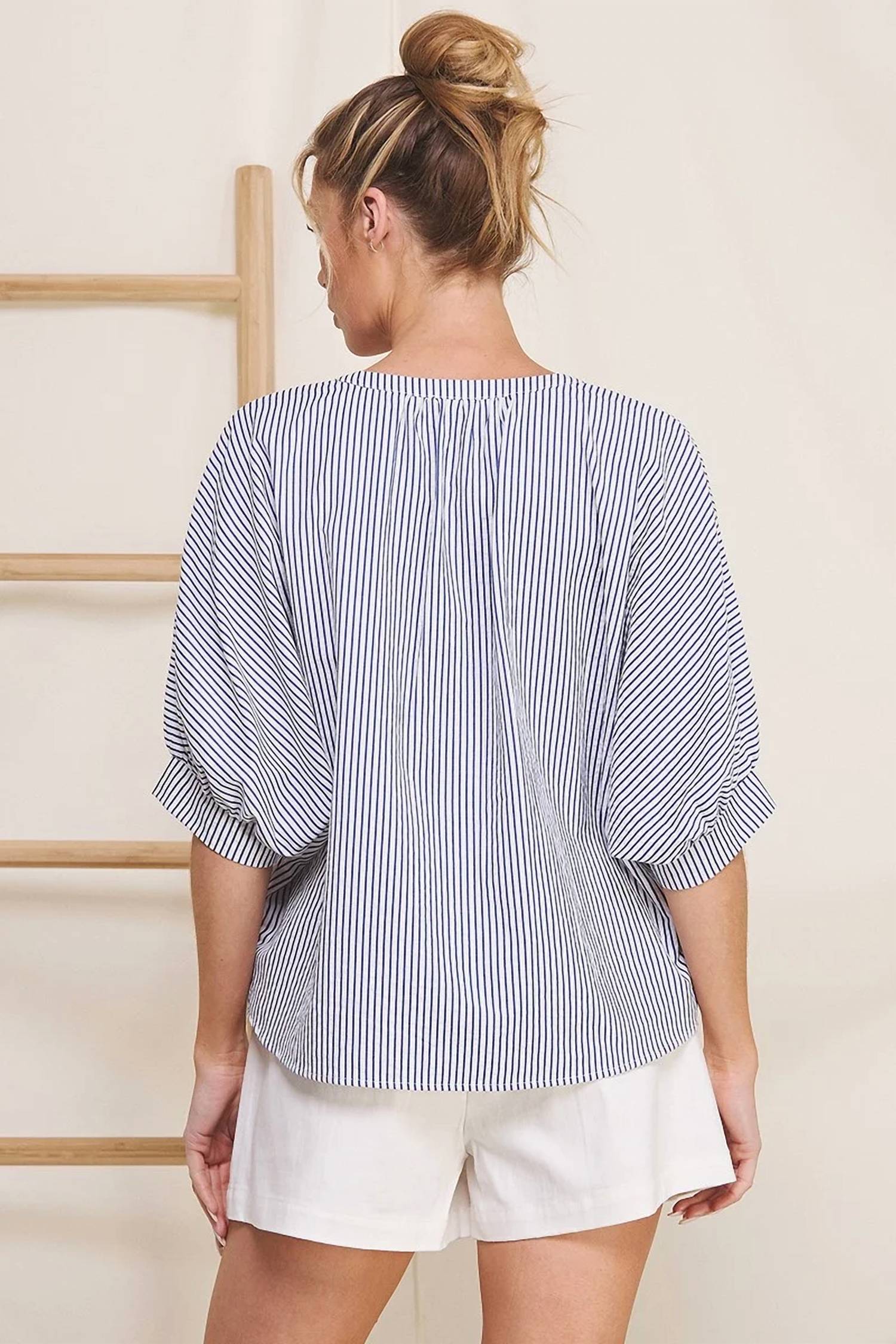 Allie Rose - Olga Pinstripe Seersucker Dolman Blouse